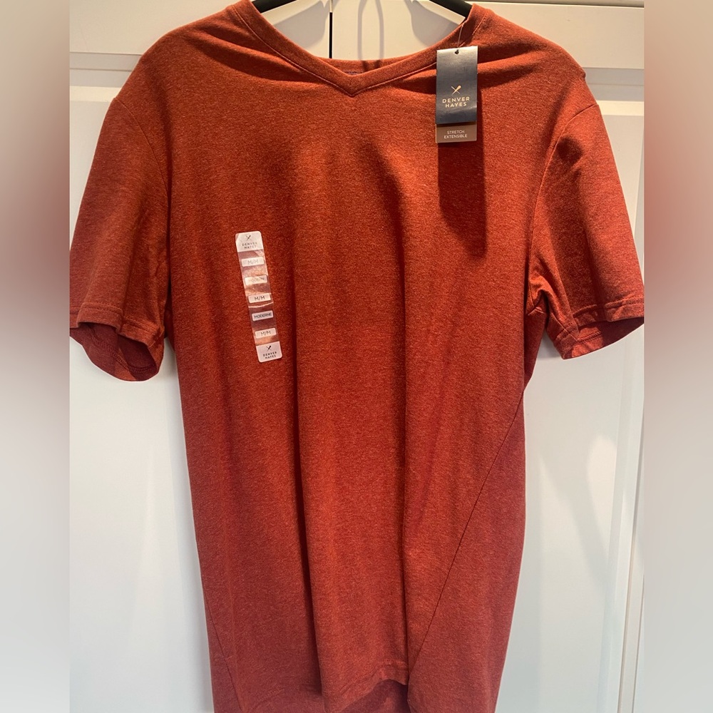 Denver Hayes men’s burnt orange short sleeve v-neck t-shirt. Medium